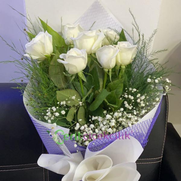  Kemer Çiçek Gönder 7 Adet Beyaz Gül Buket