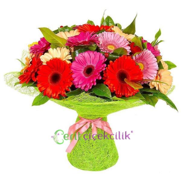 21 Adet Renkli Gerbera Buketi Resim 1