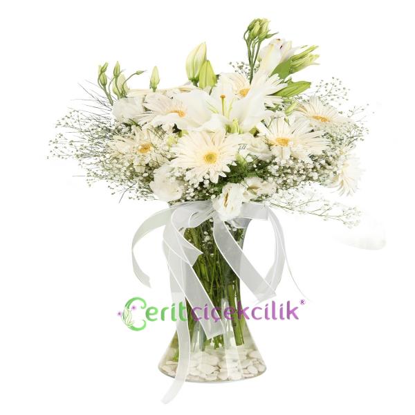 Vazoda Beyaz Lilyum Lisyantus Gerbera Aranjman Resim 1
