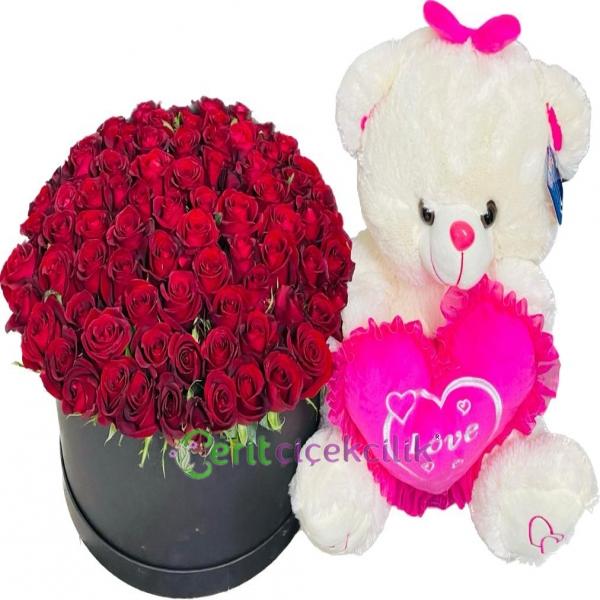  Kemer Çiçek Siparişi Ayıcık & Kutuda Kırmızı Güller