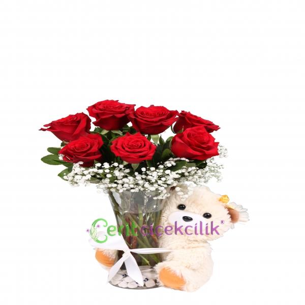  Kemer Çiçek Vazoda 7 Adet Kırmızı Gül  & Ayıcık 35 cm