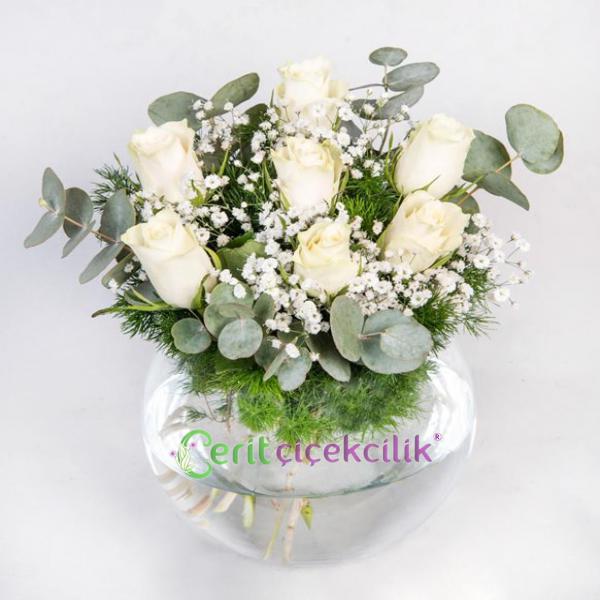  Kemer Çiçekçiler Akvaryum Vazoda Beyaz Güller