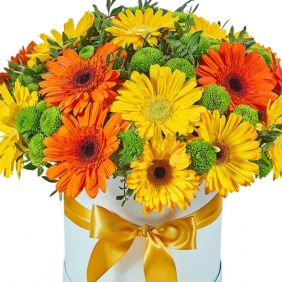  Kemer Çiçek Beyaz Kutuda Turuncu Sarı Gerbera Arajman