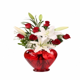 Kemer Çiçekçi Kalp Vazoda 7 Gül & Lilyumlar