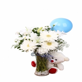  Kemer Çiçek Gönder Vazoda Gerbera Lilyum & Ayıcık Balon