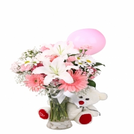 Kemer Çiçekçi Gerbera Lilyum & Ayıcık Balon Aranjman