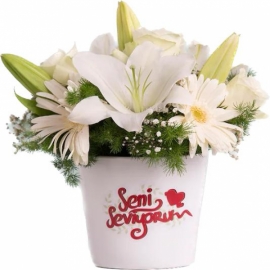  Kemer Çiçek Gönder Seni Seviyorum Mesajlı Beyaz Gerbera ve Lilyum Aranjmanı