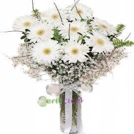 Kemer Çiçekçi Cam Vazoda Beyaz Gerbera 