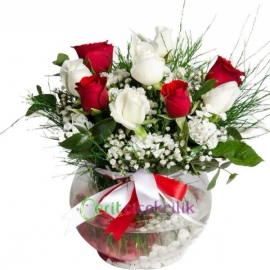  Kemer Çiçek Akvaryum Vazo 4 Kırmızı ve 5 Beyaz Gül