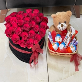  Kemer Çiçek Gönder Kutuda Kalp Güller ve Hediyelik Ayıcık Çikolata Sepeti
